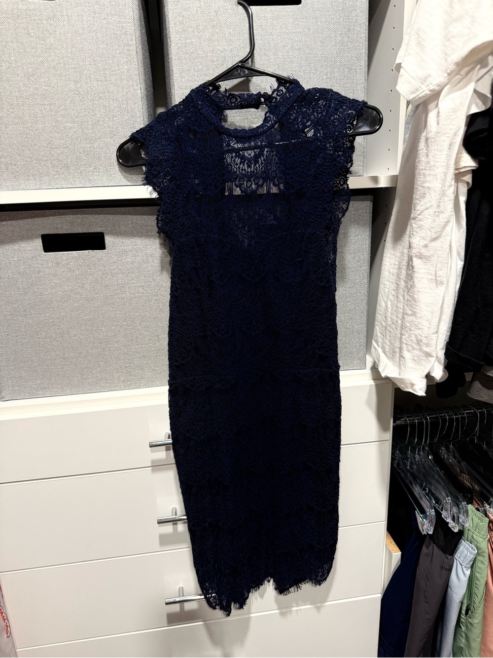 Free People Navy Lace Midi Dress with High Neck